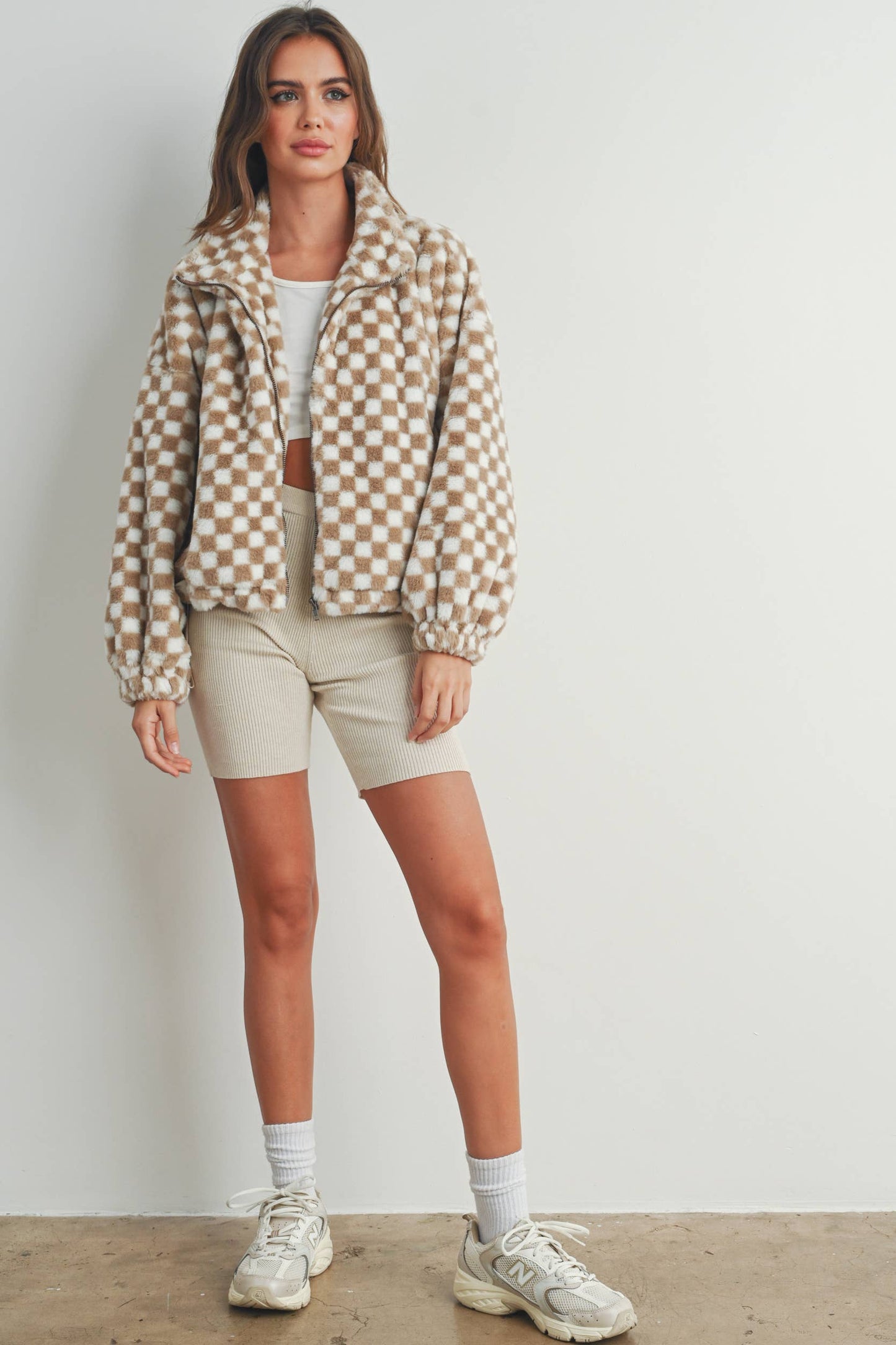 Checkered Teddy Jacket Taupe