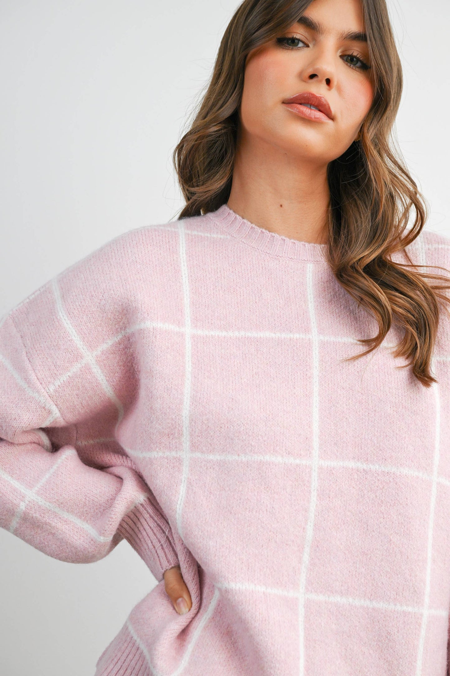 Checkered Crew Neck Knit Sweater