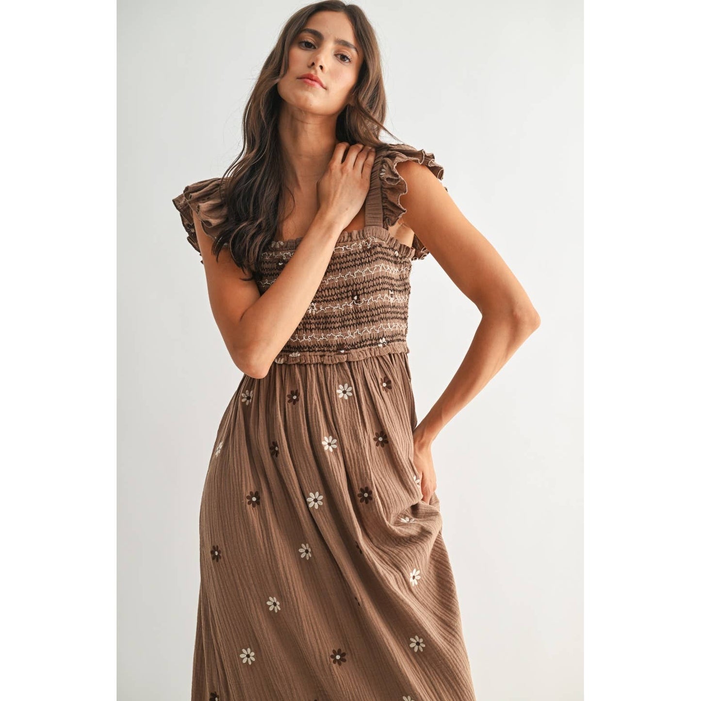 Floral Embroidered Maxi Dress: Brown