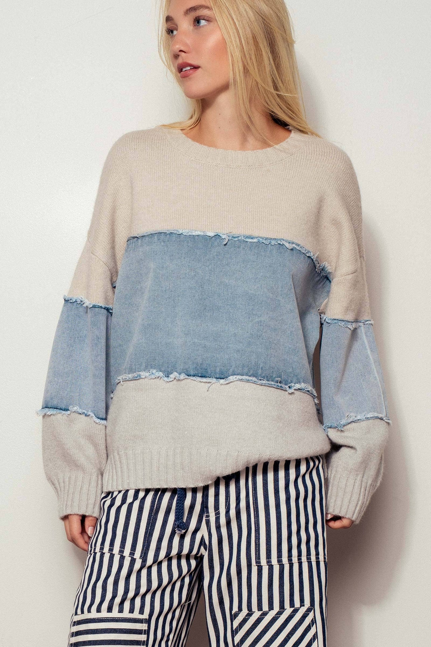 Colorblock Denim Knit Sweater
