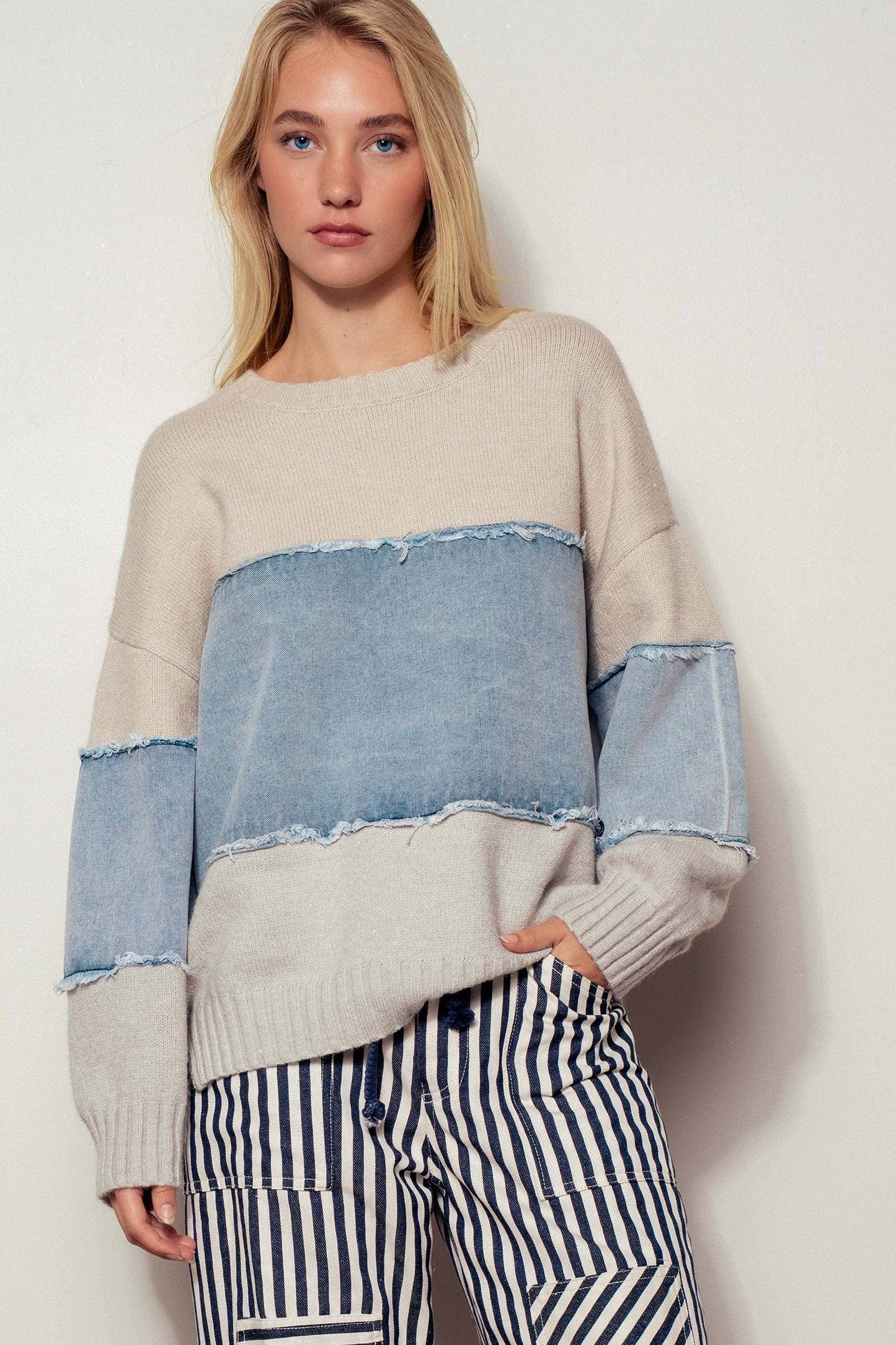 Colorblock Denim Knit Sweater
