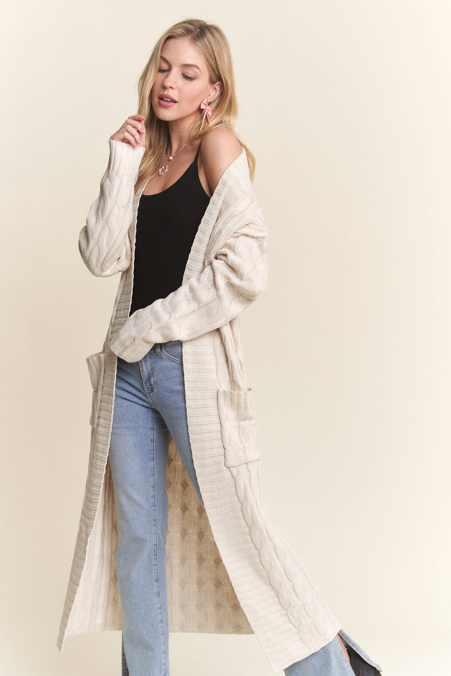 Cable Knit Long Cardigan - Cream