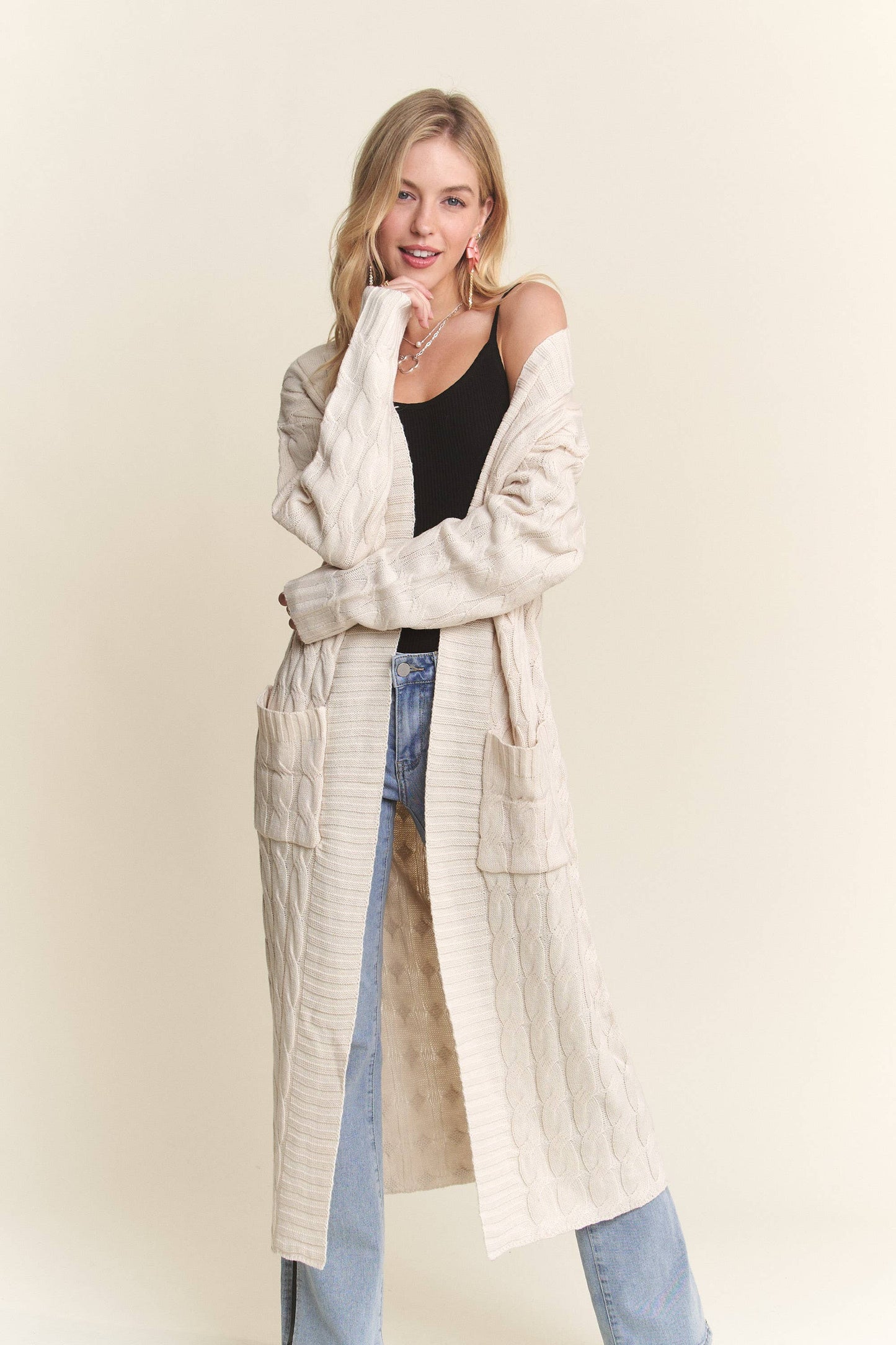 Cable Knit Long Cardigan - Cream