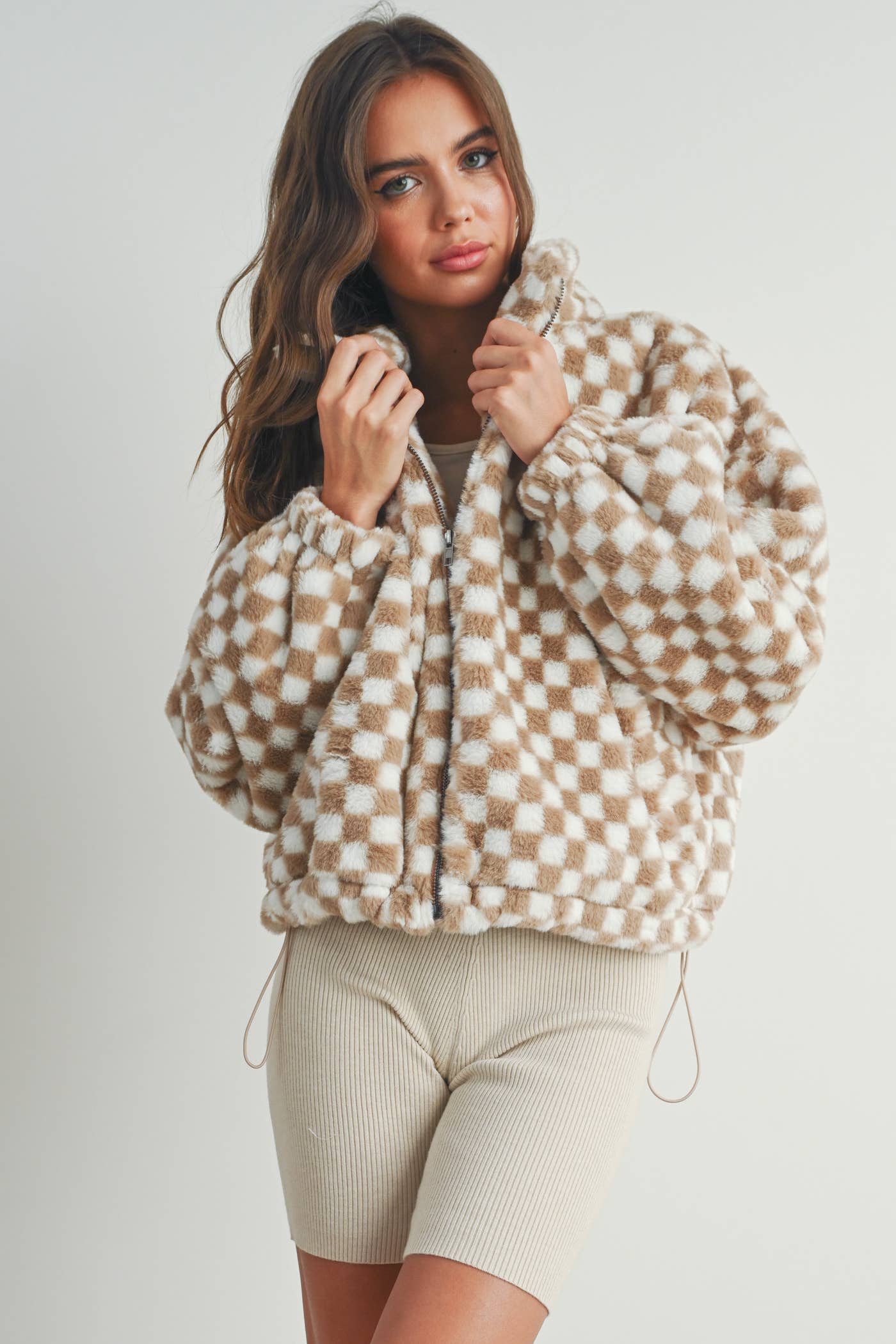 Checkered Teddy Jacket Taupe