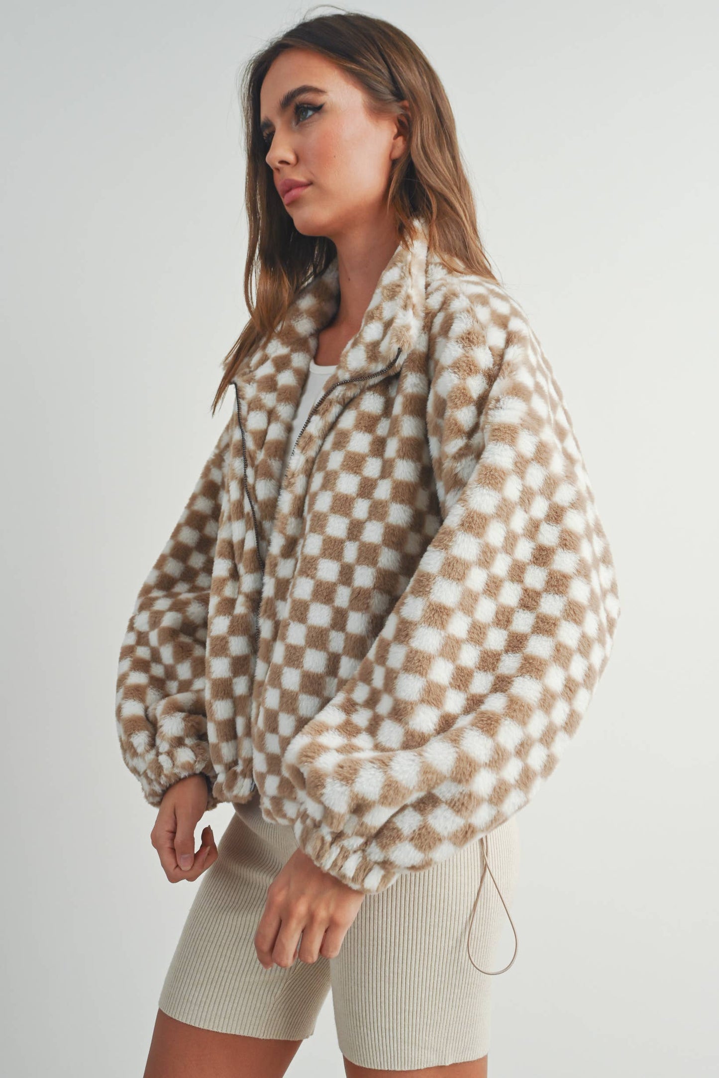 Checkered Teddy Jacket Taupe