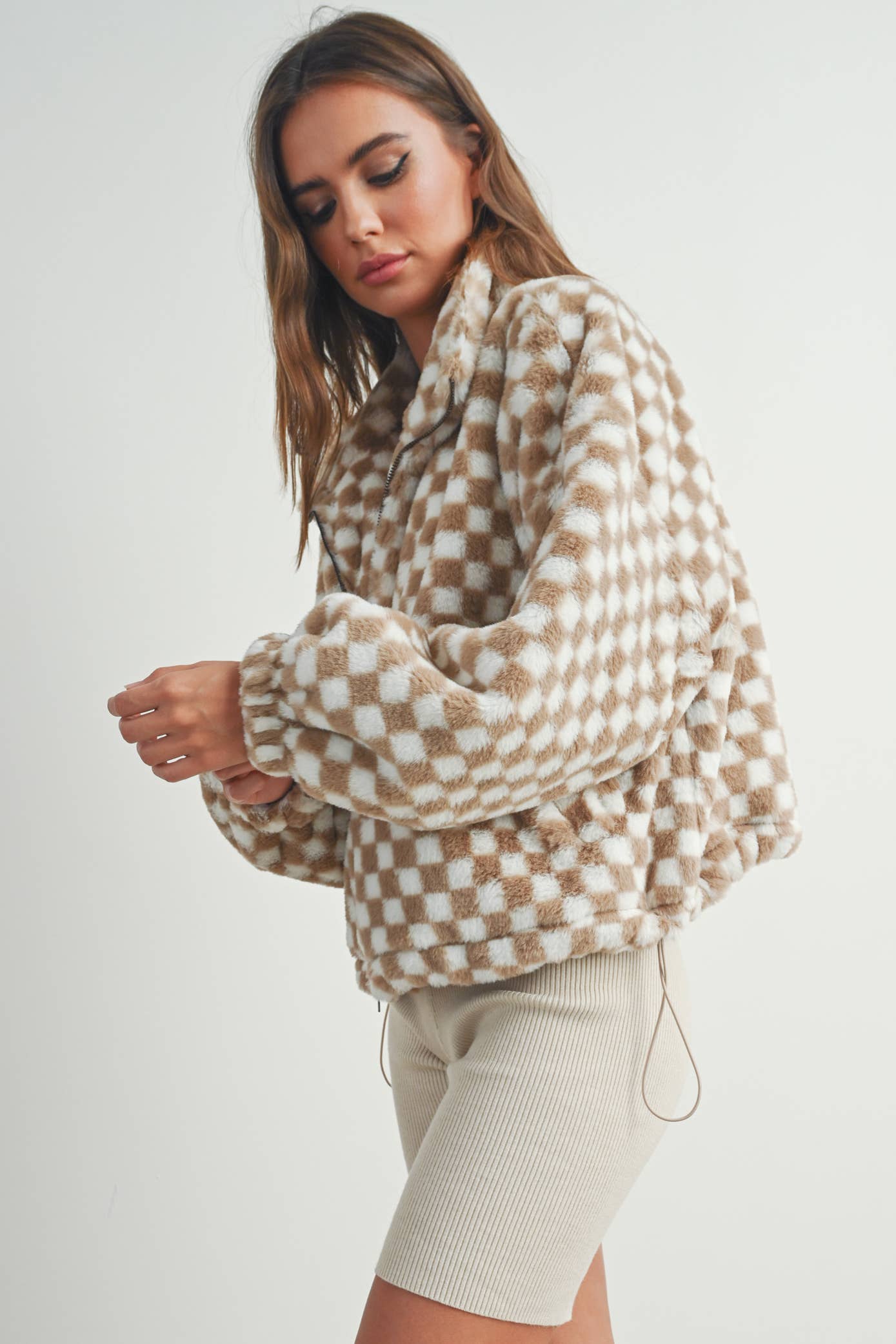 Checkered Teddy Jacket Taupe