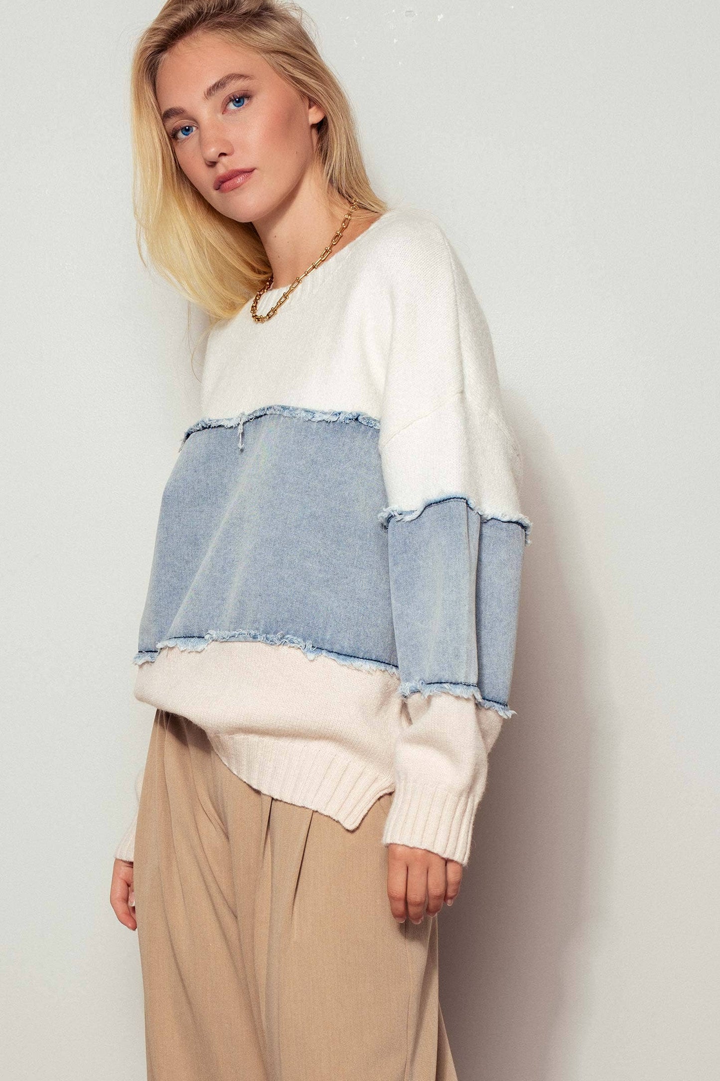 Colorblock Denim Knit Sweater