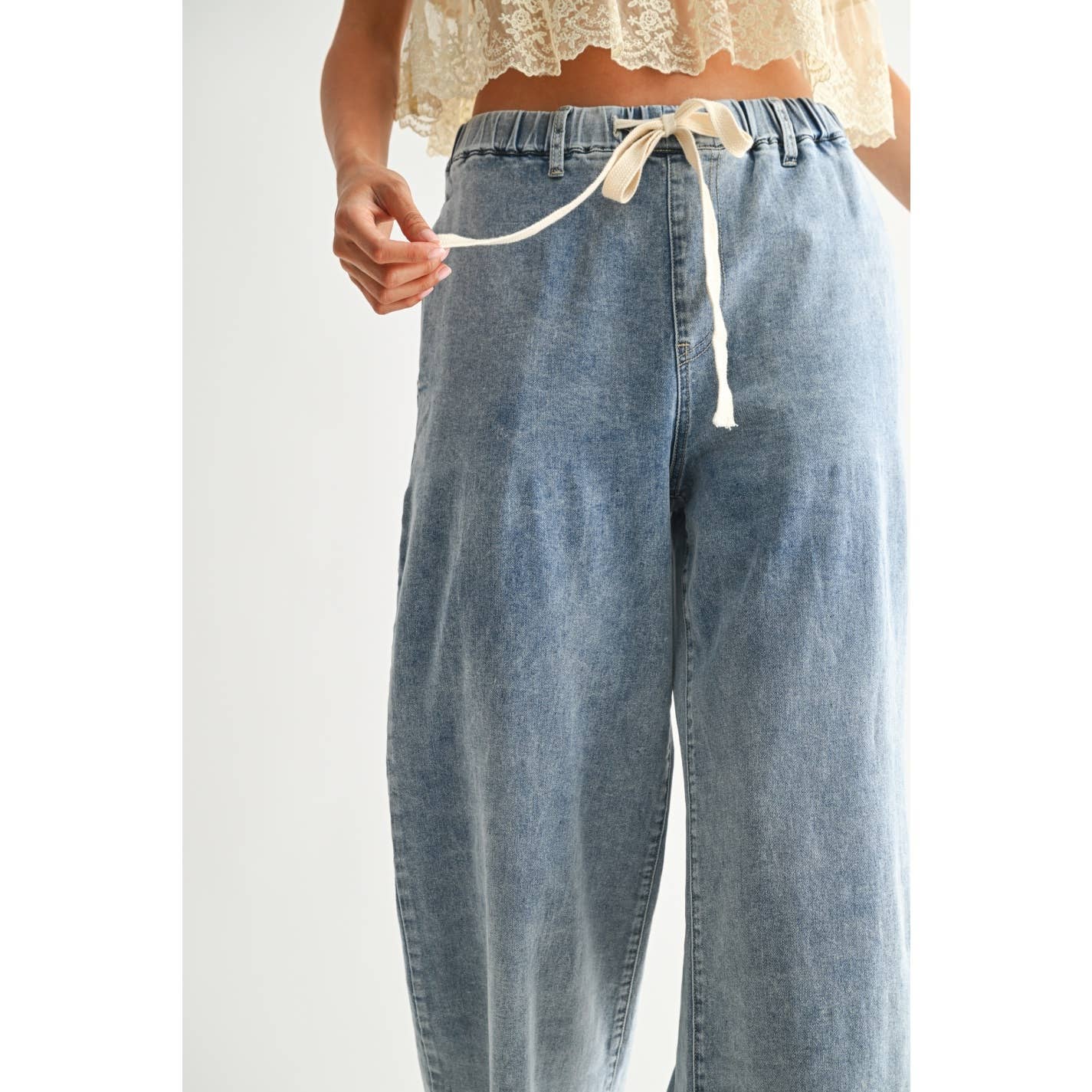 Wide-Leg Denim Trousers with Drawstring - Medium Wash