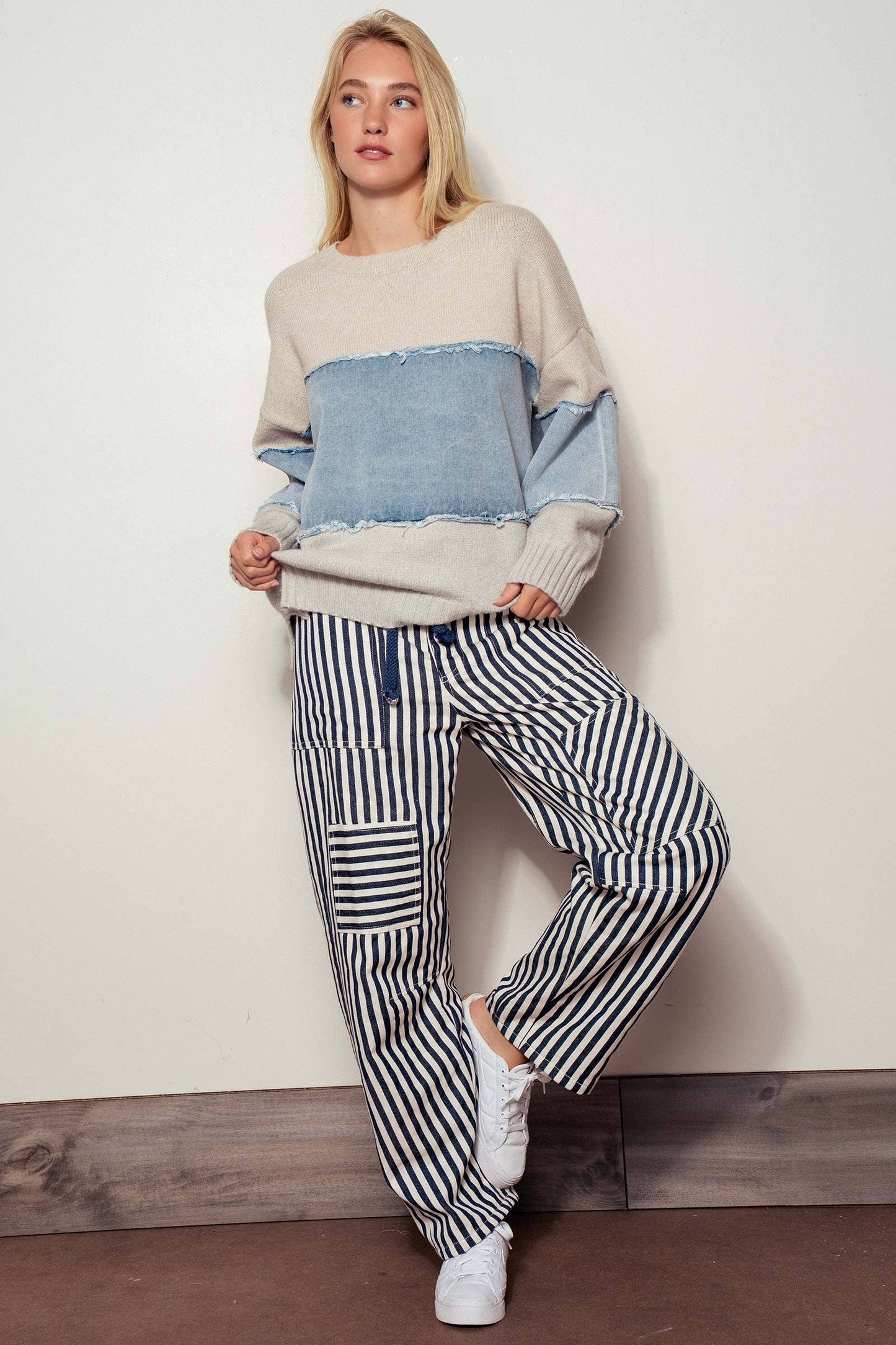 Colorblock Denim Knit Sweater
