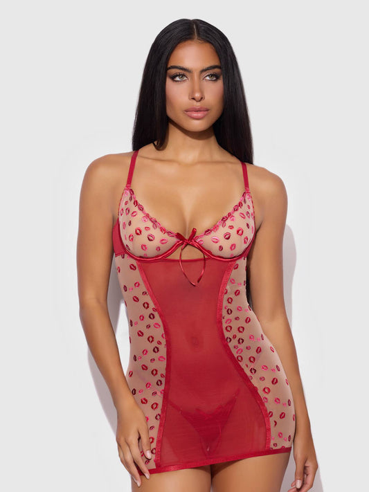 Women's Angelina Lips Embroidery Bow Chemise Set -Red