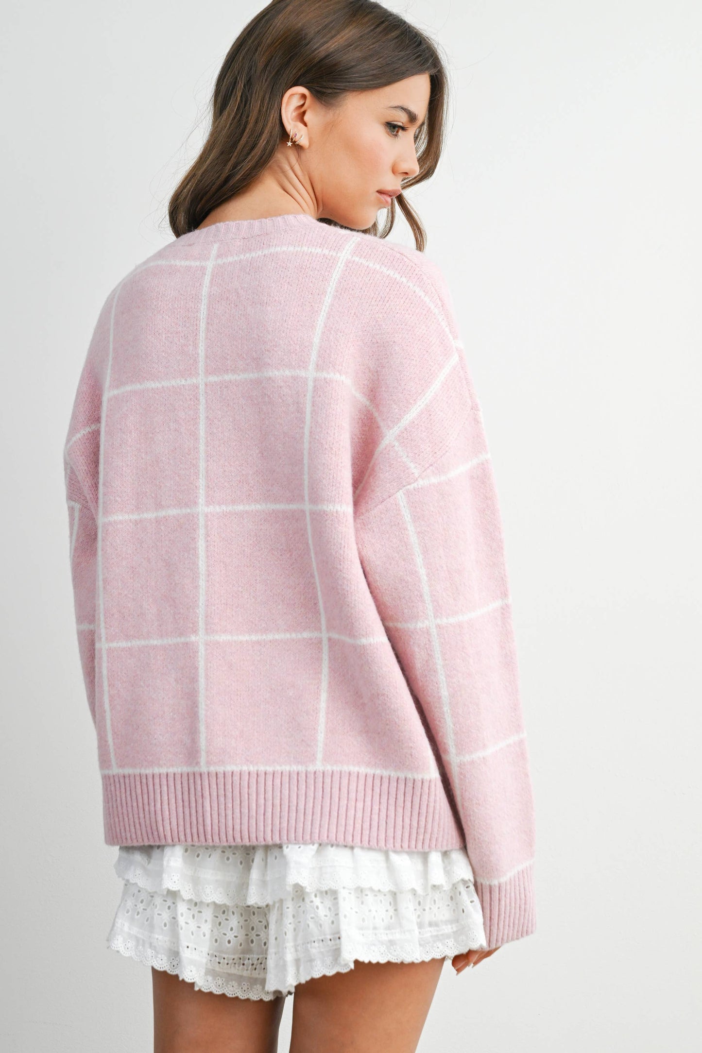 Checkered Crew Neck Knit Sweater