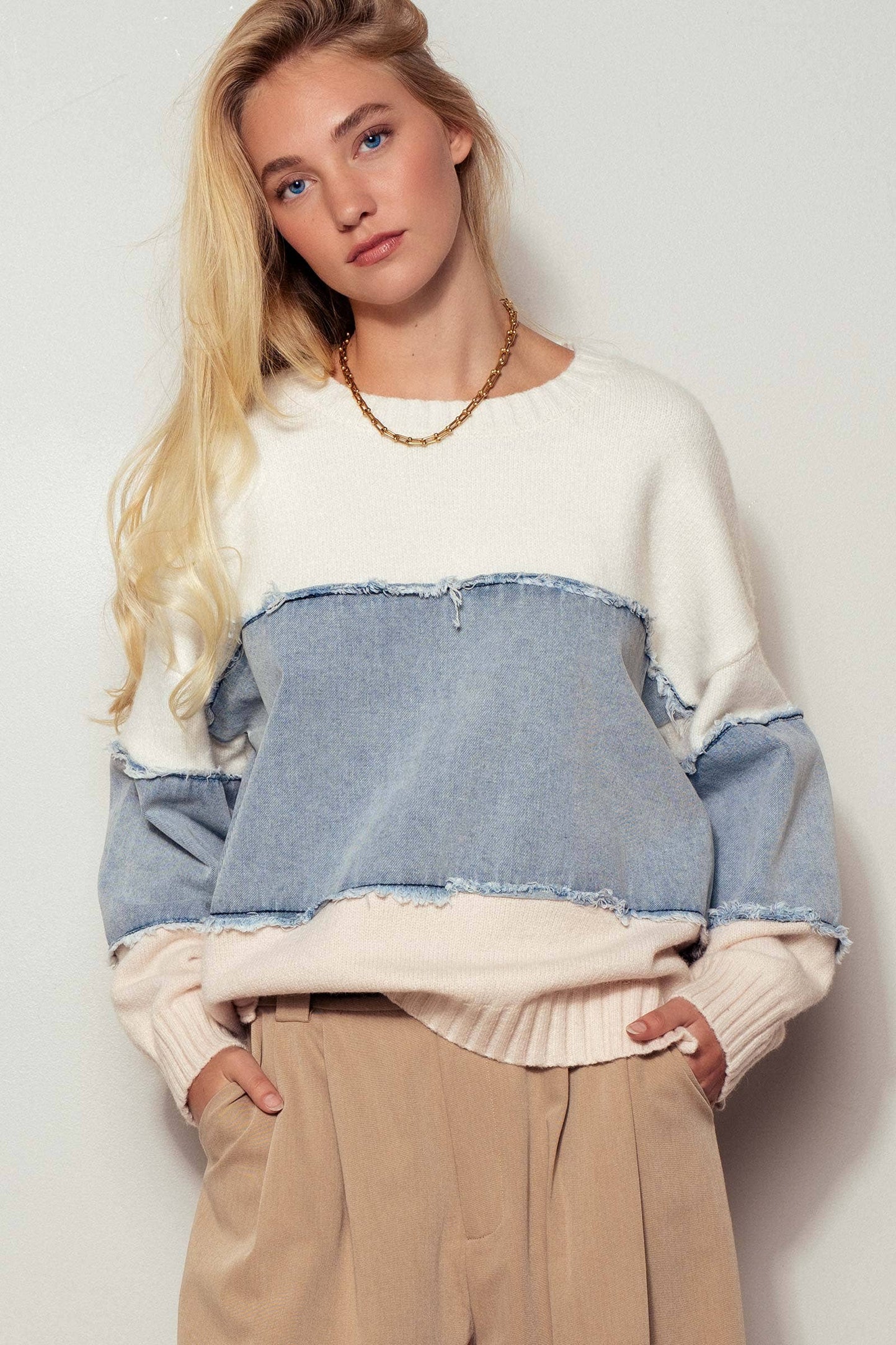 Colorblock Denim Knit Sweater