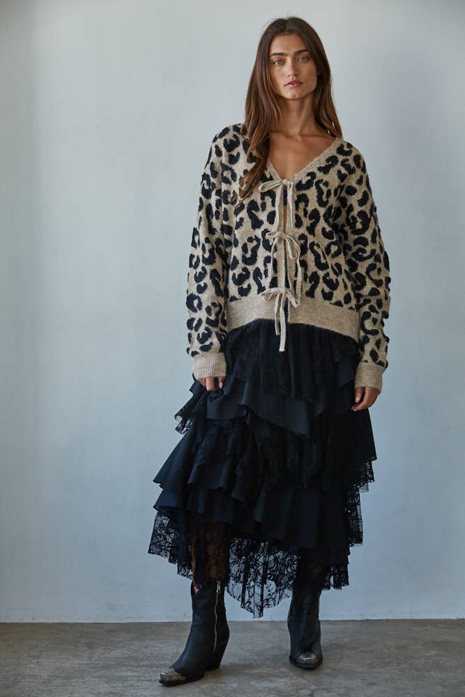 Animal Print Tie Front Cardigan: Mocha Black