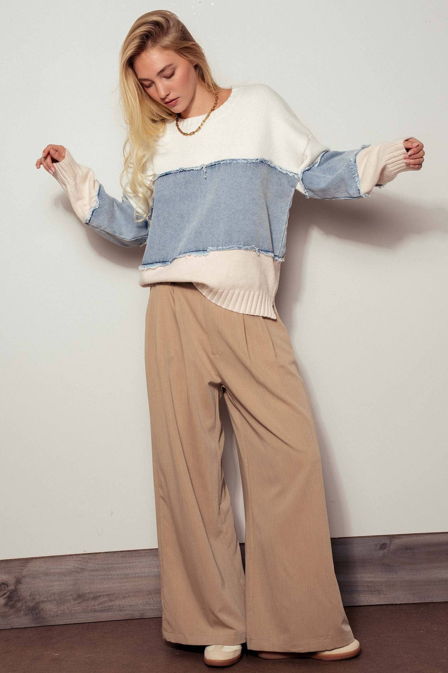 Colorblock Denim Knit Sweater