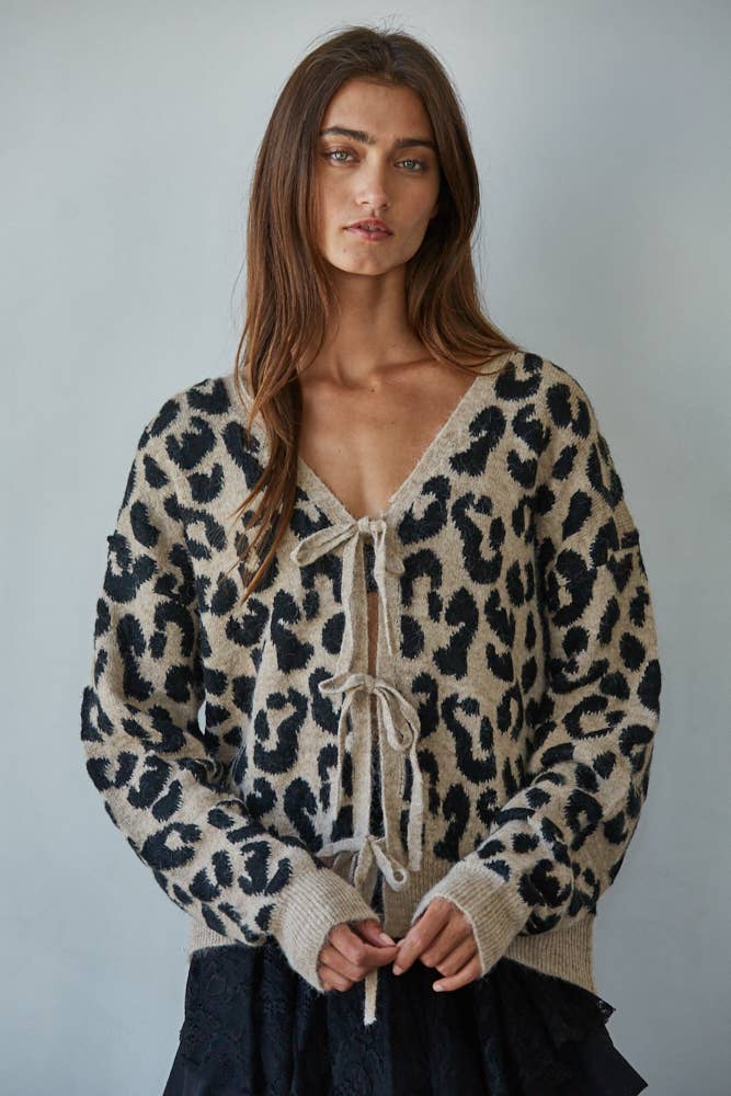Animal Print Tie Front Cardigan: Mocha Black