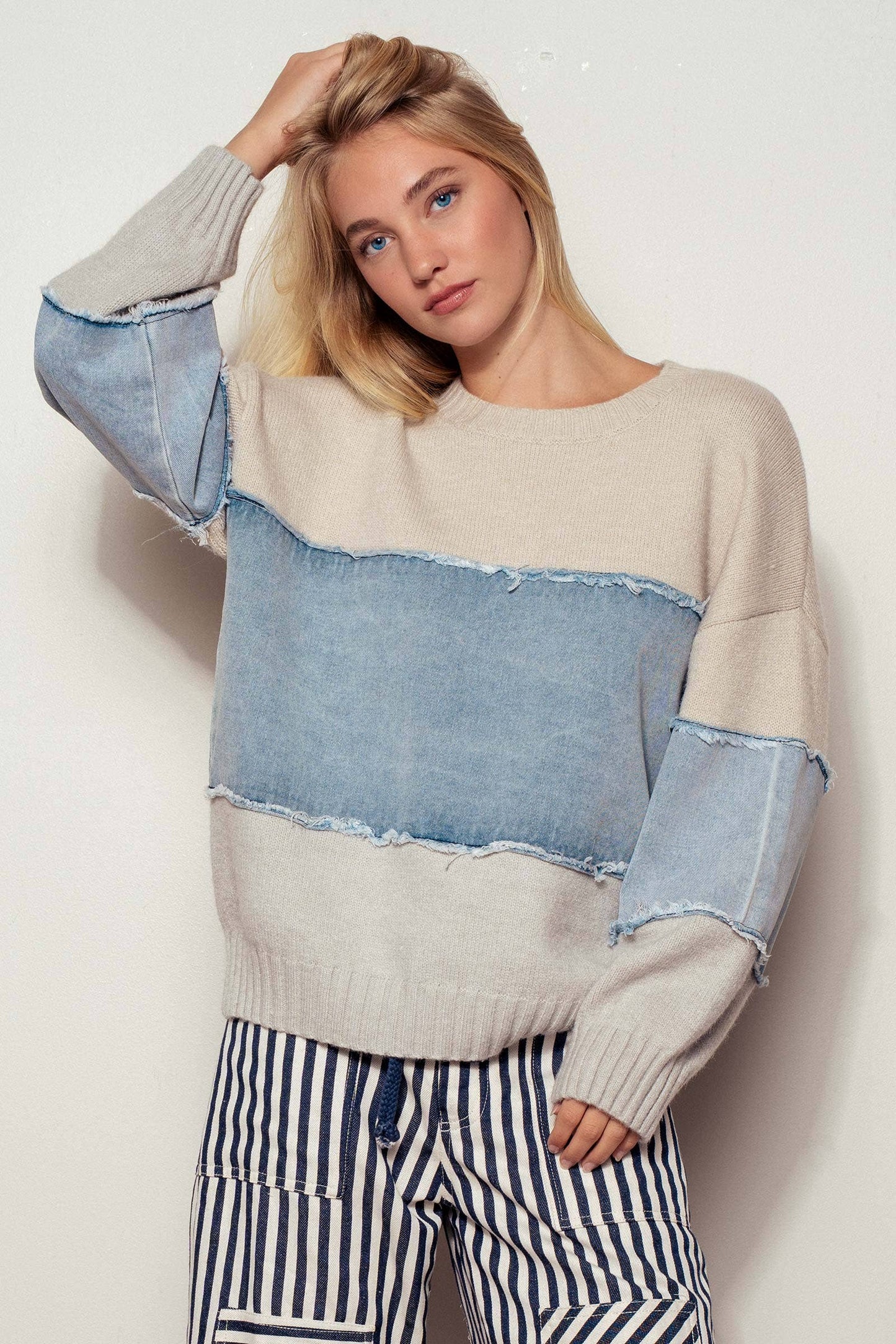 Colorblock Denim Knit Sweater