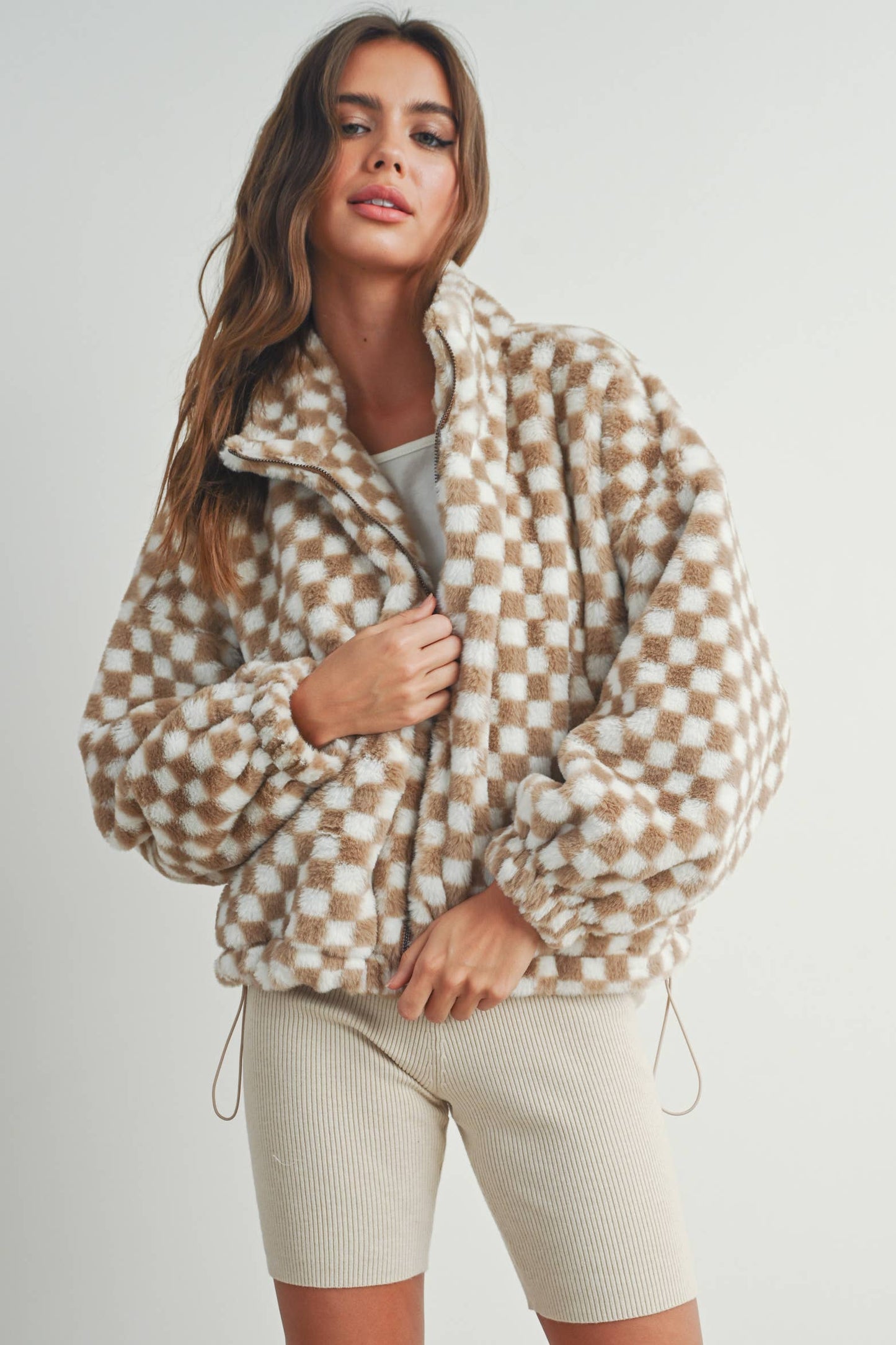 Checkered Teddy Jacket Taupe