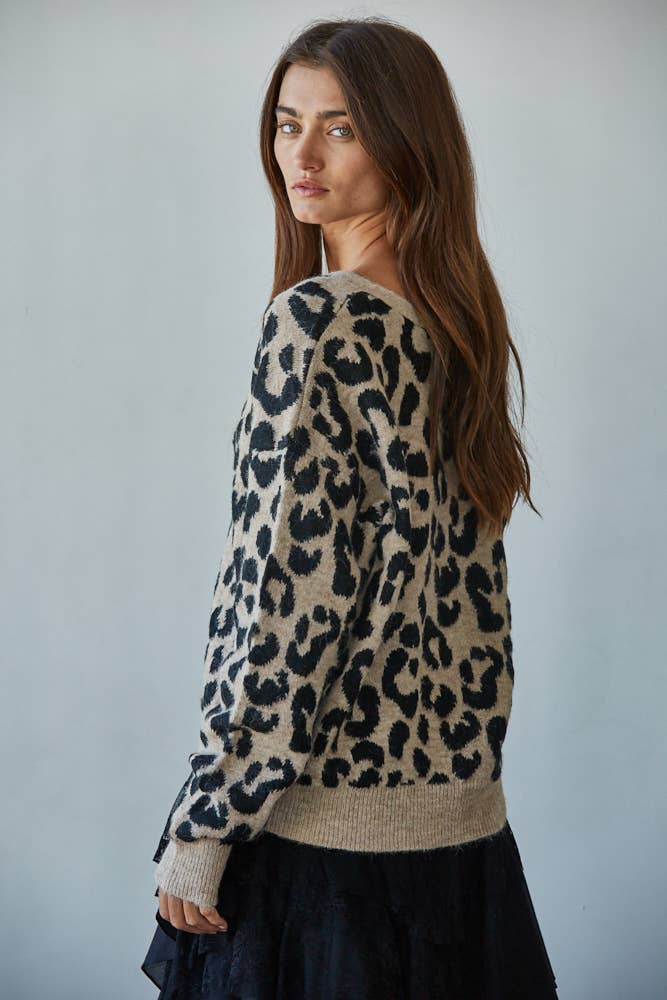 Animal Print Tie Front Cardigan: Mocha Black