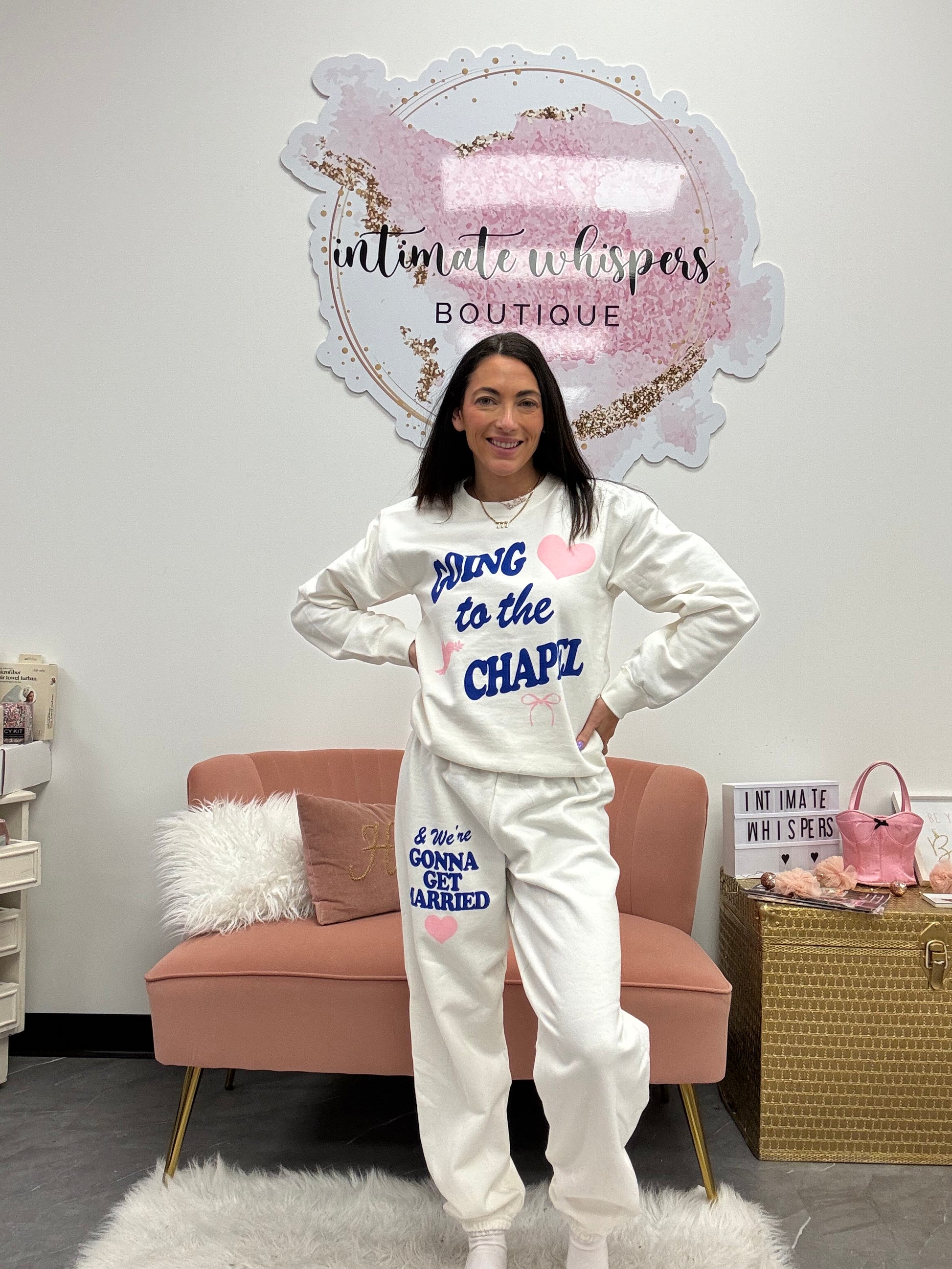 Model wearing bridal sweatpants