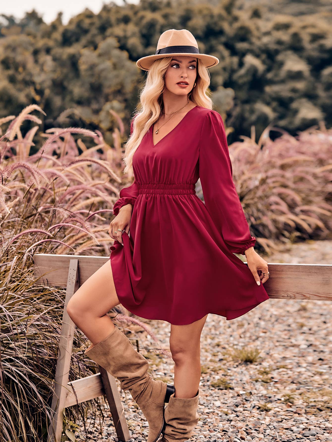 V Neck Dress Wine
