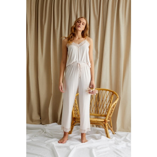 Bamboo Lace Cami and Cropped Trouser PJ Set in Powder Puff